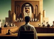 A landscape image of a serious and solemn courtroom scene in Qatar with a focus on a high profile defendant Ali Sherif al Emadi the ex finance minis