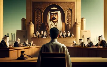 A landscape image of a serious and solemn courtroom scene in Qatar with a focus on a high profile defendant Ali Sherif al Emadi the ex finance minis