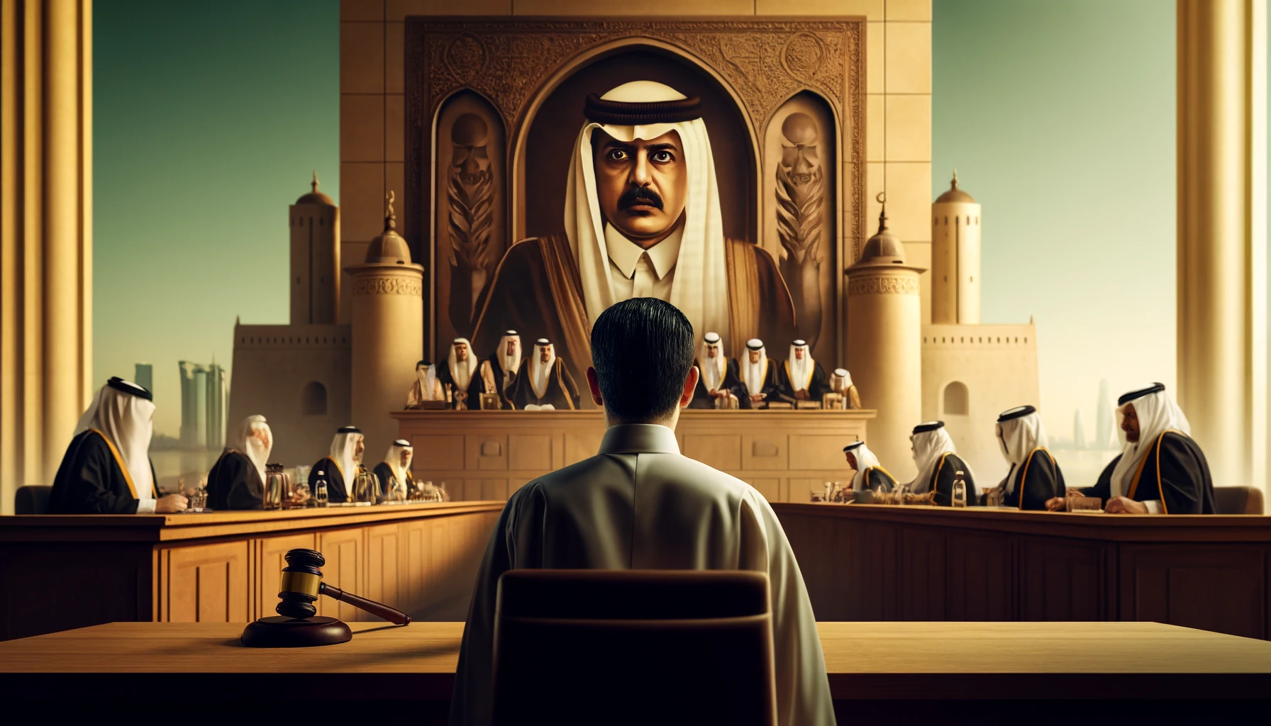 A landscape image of a serious and solemn courtroom scene in Qatar with a focus on a high profile defendant Ali Sherif al Emadi the ex finance minis